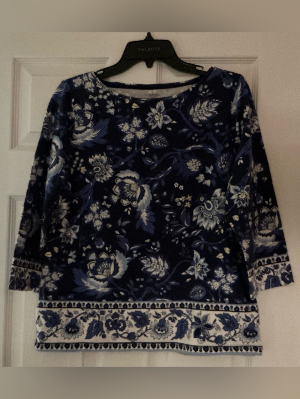 Talbots Navy and White Floral 3/4 Sleeve Top